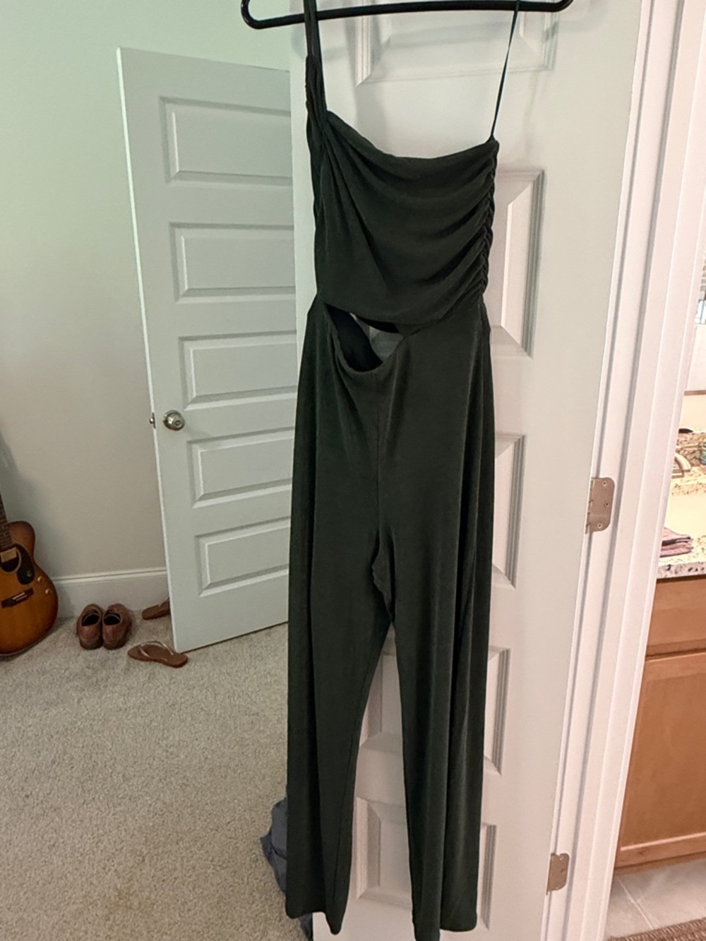 Olive Green Cutout Wide-Leg Jumpsuit with Ruched Bodice